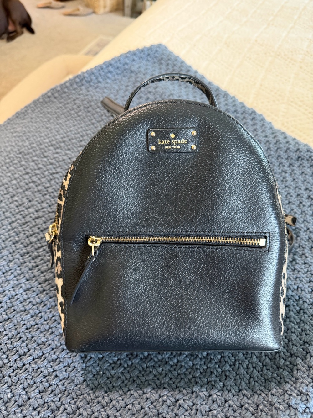 kate spade Black Leather Mini Backpack with Leopard Sides - Picture 1 of 8